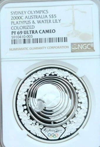 2000 AUSTRALIA SILVER $5 PLATYPUS & WATER LILY COLORIZED NGC PF 69 ULTRA CAMEO