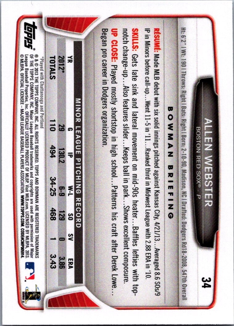 2013 Bowman Draft #34 Allen Webster RC Boston Red Sox