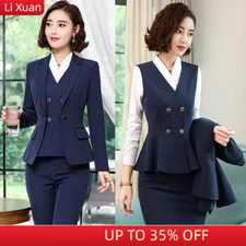 Korean Striped Blazer Jacket Pant Suit Office Ladies Business Wear Formal Set