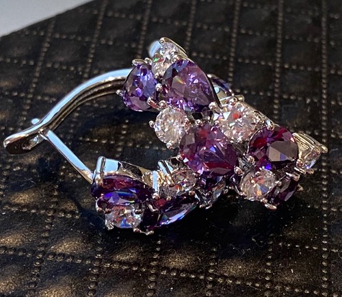 18k White Gold Plated Earrings made w Swarovski Crystal Purple Amethyst Stone - Picture 3 of 12