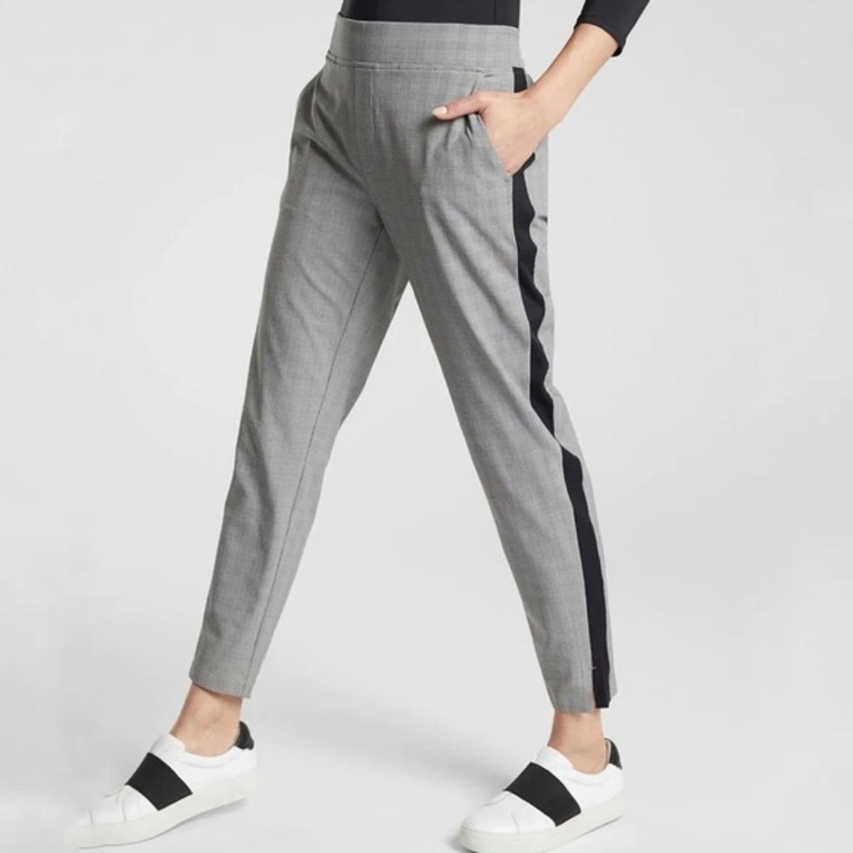 Athleta Brooklyn Ankle Pants Grey Plaid Joggers Racer Stripes Lightweight  size 0