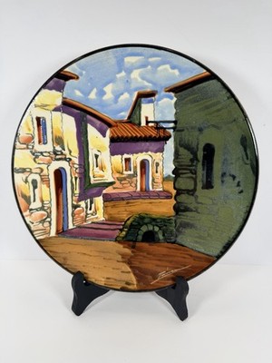 Hand Painted Pottery Plate From Spain By Tarrega. VTG Spanish Pueblo Wall Art