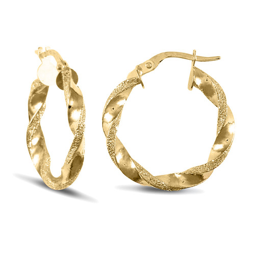 9ct Gold Jewelco London Frosted Edge Twisted 3mm Hoop Earrings 22mm