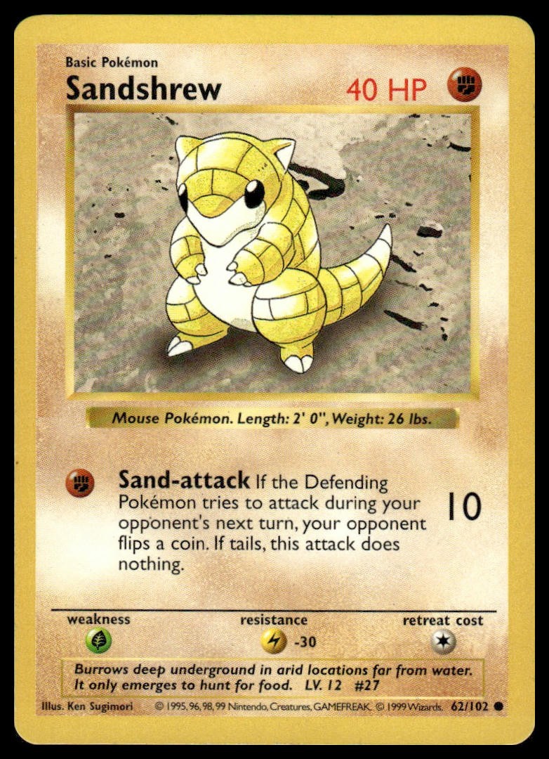 Pokemon Sandshrew #062/102 Base Set Shadowless 1999 NM Near Mint