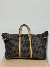 FENDI FF Logo Travel Boston Bag Canvas Brown Beige Large Vintage Logo From Japan