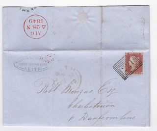 1849 QV FINE 1d PENNY RED STAMP ON LEITH SHIP BROKERS LETTER TO CHARLESTOWN