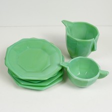 Vtg Akro Agate Jadeite Slag Glass Kids Tea Set Pitcher Cups and Saucers 6 Pieces