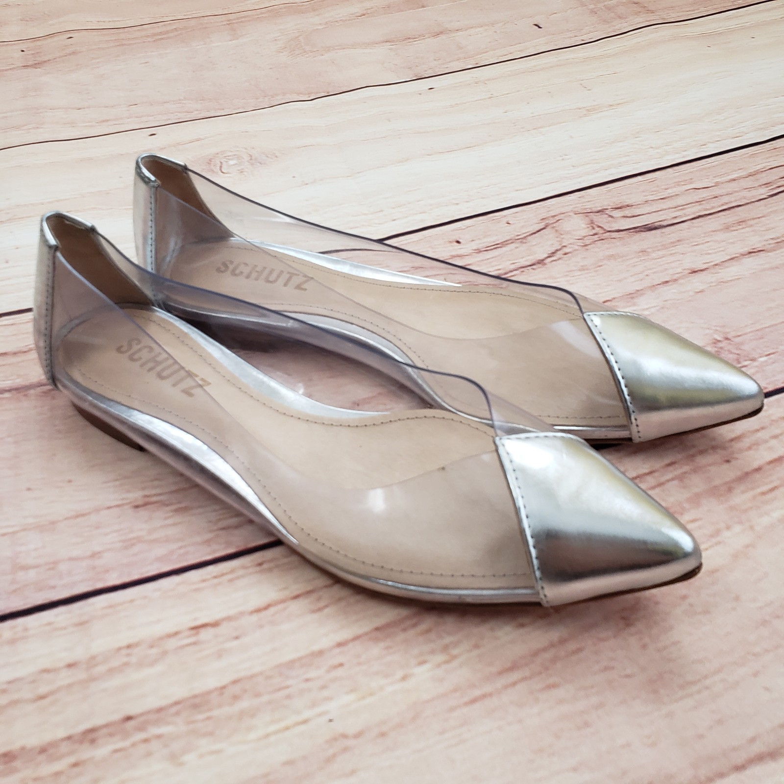 SAOLA Schutz Shoes donna taglia 5 5B argento chiaro punta ballerine PVC suola pelle