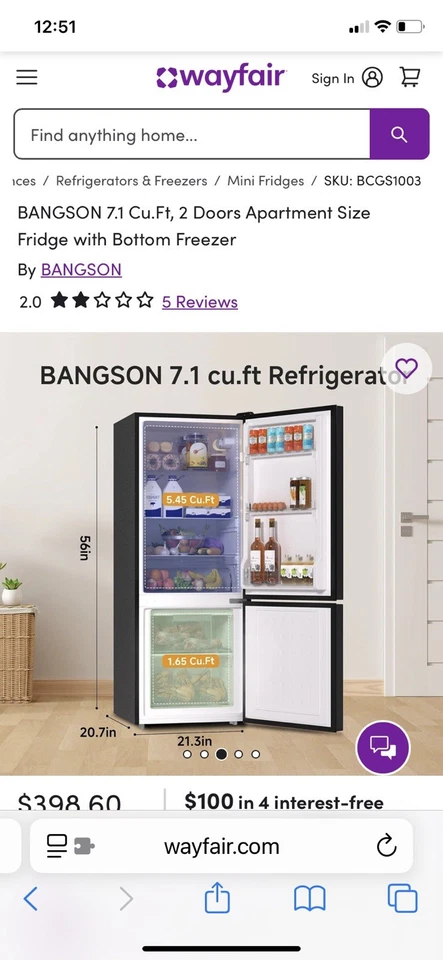 Bangson 7.2 Cu Ft 2 Door Apartment Size Fridge With Bottom Freezer - Image 3 of 4