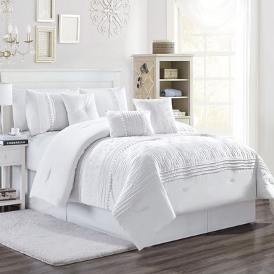 Grace 7-Piece White Floral Chenille Embroidered Pleated Striped Comforter Set