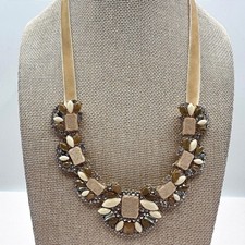 Vintage Y2K Gold Tone Rhinestone Statement Bib Necklace Beige Velvet Jewelry