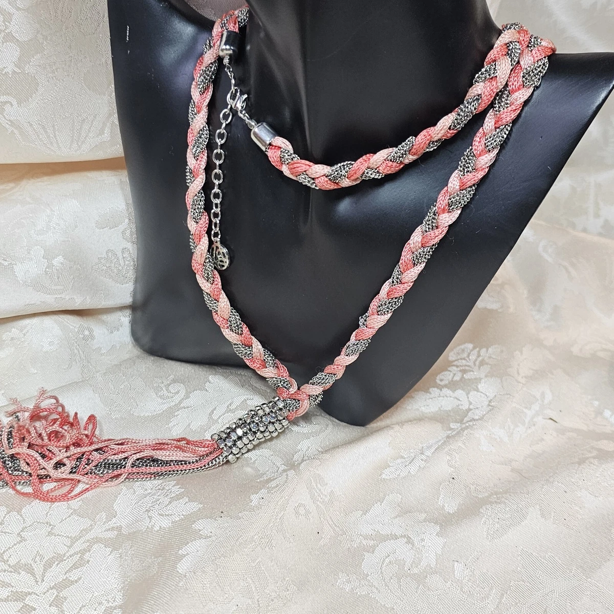 Collier Sautoir Ethnique Perles Bois Argenté - Bijou Rétro - Occasion Bon état