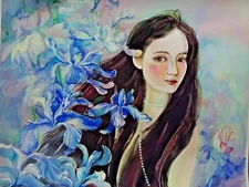 WATERCOLOR PAINTING AQUARELLE HAND PAINTED YOUNG BEAUTY , IRIS FLOWERS 