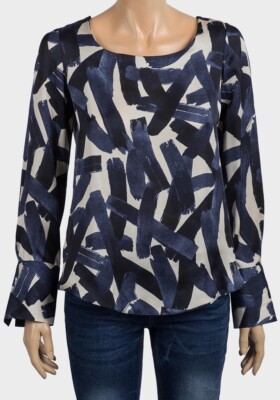 Langarm-Bluse Oberteil Damen Frauen dunkelblau Pinselstrichmuster 