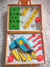 Vintage Fisher Price Toy Tool Kit Box 1977 Kids Drill Tested Works Orange 924