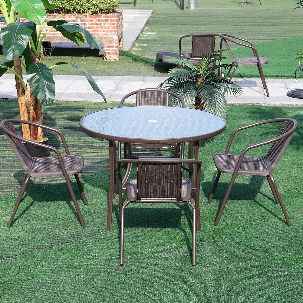 4 6 Seater Metal Dining Set Garden Glass Parasol Table Chairs