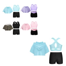 Kids Girls Hooded Gym Vest Tops Shorts Ballerina Crop Top Stage Costume Yoga