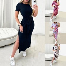 Womens Side Split Midi Dress Leopard Print Summer Short Sleeve Party Sundress