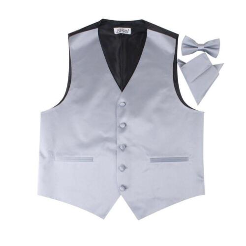 Mens Dark Silver Plain Vest Waistcoat & Matching Bow Tie & Pocket Square - Picture 1 of 6