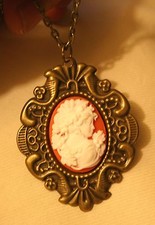 Delightful Vintage-Look Festooned Red White Cameo Lady Flower Pendant Necklace