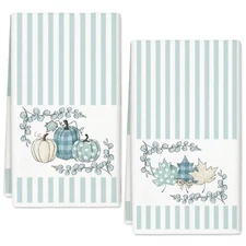 Fall Kitchen Dish Towel 18 x 28 Inch Dusty Blue Stripe Pumpkin Leaves Dishclo...