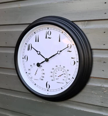 Garden Station Wall Clock with Thermomter Indoor Outdoor Arabic 38cm Black - Image 1 of 4