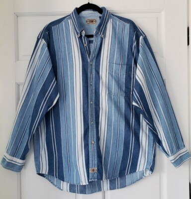 Vtg County Seat 80 s Horizontal Striped Button Down Denim Jean Shirt Mens Large