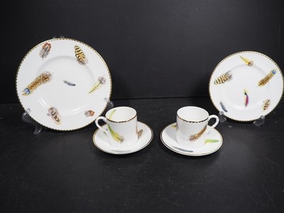 Seltenes Royal Worcester ''Federn'' 2 x Kaffeedosen & Untertassen Set & 2 Teller