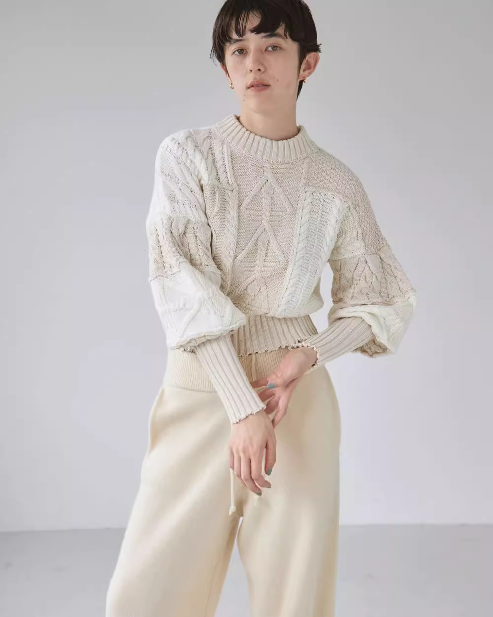 Japan womens patchwork puff sleeve distressed cot… - image 1