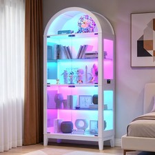 69" RGB LED Display Cabinet 5-Tier Tempered Glass Arched Curio Case with Doors