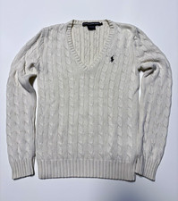 Ralph Lauren Sport Women  s M Beige Cotton Cable Knit V-Neck Pullover Polo Pony
