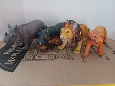 Lot of 4 Vtg Hard Plastic Safari Animals, Lion/Tiger/Rhino/Hippo