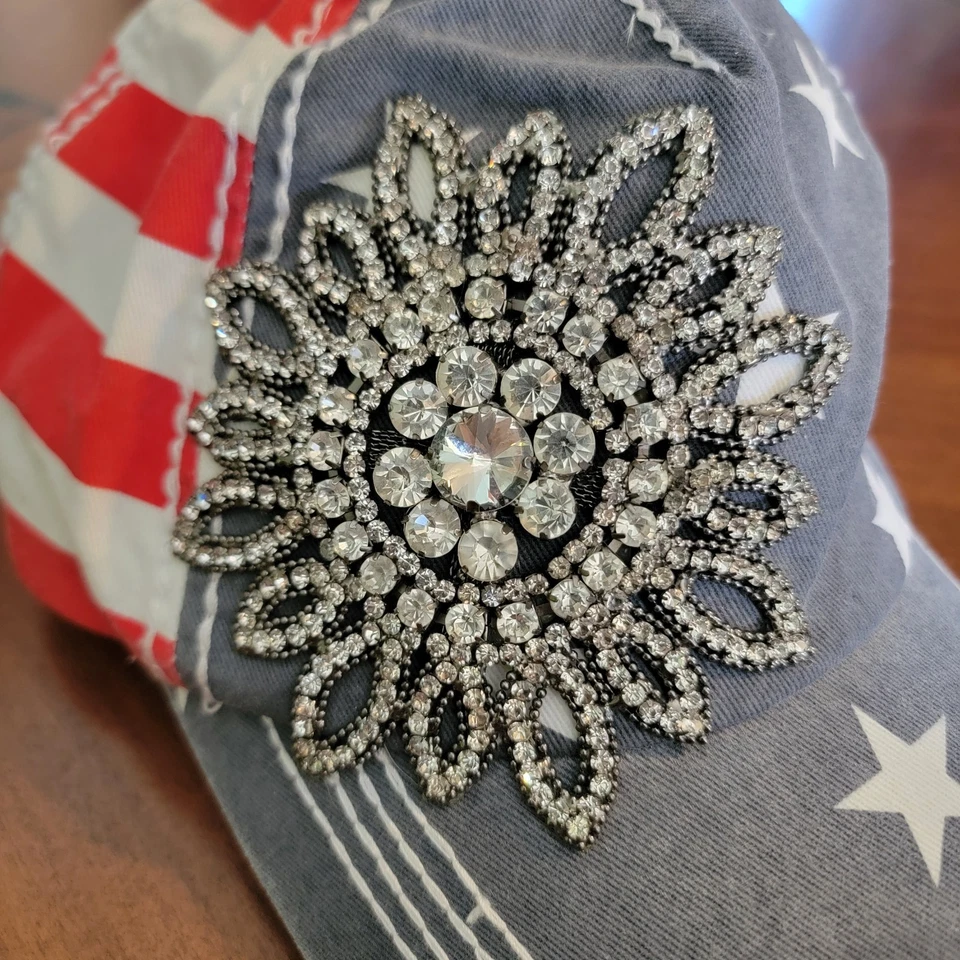 Sombrero de béisbol con bandera americana de oliva y piqué deslumbrante estrás flor de cristal Foto 2 de 3