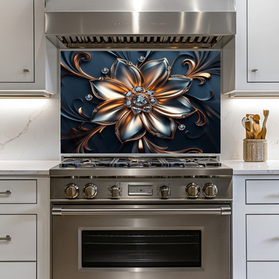 Silver & Copper Floral Backsplash Panel, Luxury Diamond Flower Kitchen Wall Art