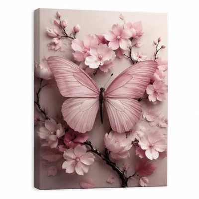 Pink Butterfly Canvas Wall Art Cherry Blossom Floral Print 3D Butterfly Decor