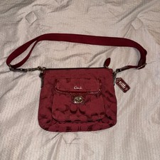 Coach Burgundy Signature Logo Jacquard Crossbody Zip Turn-Lock Silver Pockets