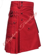 Handmade Red Cotton Utility Kilt, Tactical kilt, Cargo Pockets Custom Size kilts