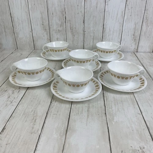 6 Sets Vtg Corelle Butterfly Gold Hook Handle Coffee Tea Cups Saucers by Corning