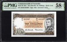 Australia 10 TEN Shillings P29 R16 1954-60 Coombs Wilson PMG58 Choice aUNC EPQ