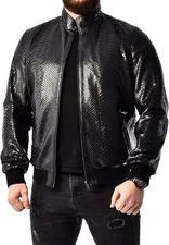 Men’s Black Python Pattern Bomber Jacket Exotic Snakeskin Luxury Leather Look