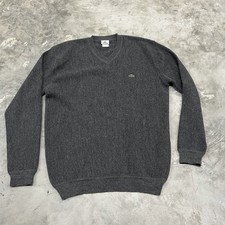 Mens Size 6 Lacoste 100 Baby Alpaca Knit V-Neck Jumper Sweater Gray Logo XL