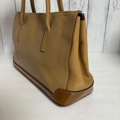 Vintage PRADA Archive 2000s Leather Shoulder Tote Bag Camel Beige