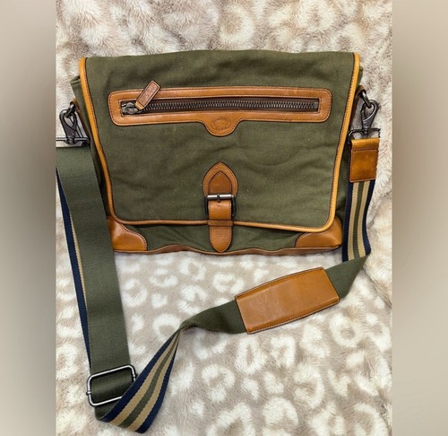 BROOKS BROTHERS Messenger Bag Khaki Brown Canvas Green Leather Trim