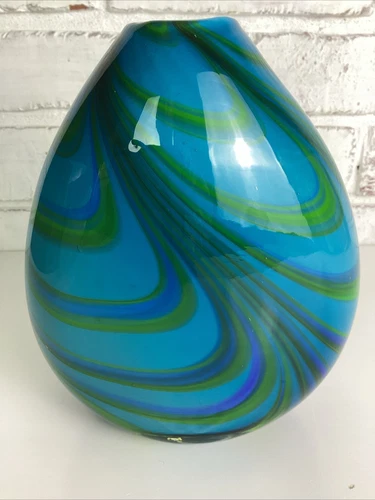 Vintage Seguso Viro Murano Art Glass Vase Blue Green Swirl Teardrop Shape 8"