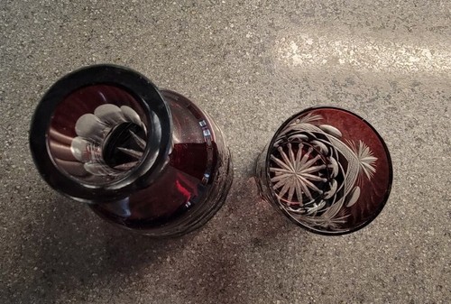 Bohemian Ruby Red Cut To Clear Tumble Up Bedside Carafe & Tumbler Glass Czech - Picture 7 of 12