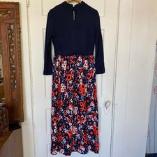 Vintage 1970s Maxi Dress Floral Skirt Orange Blue Long Sleeve Key Hole