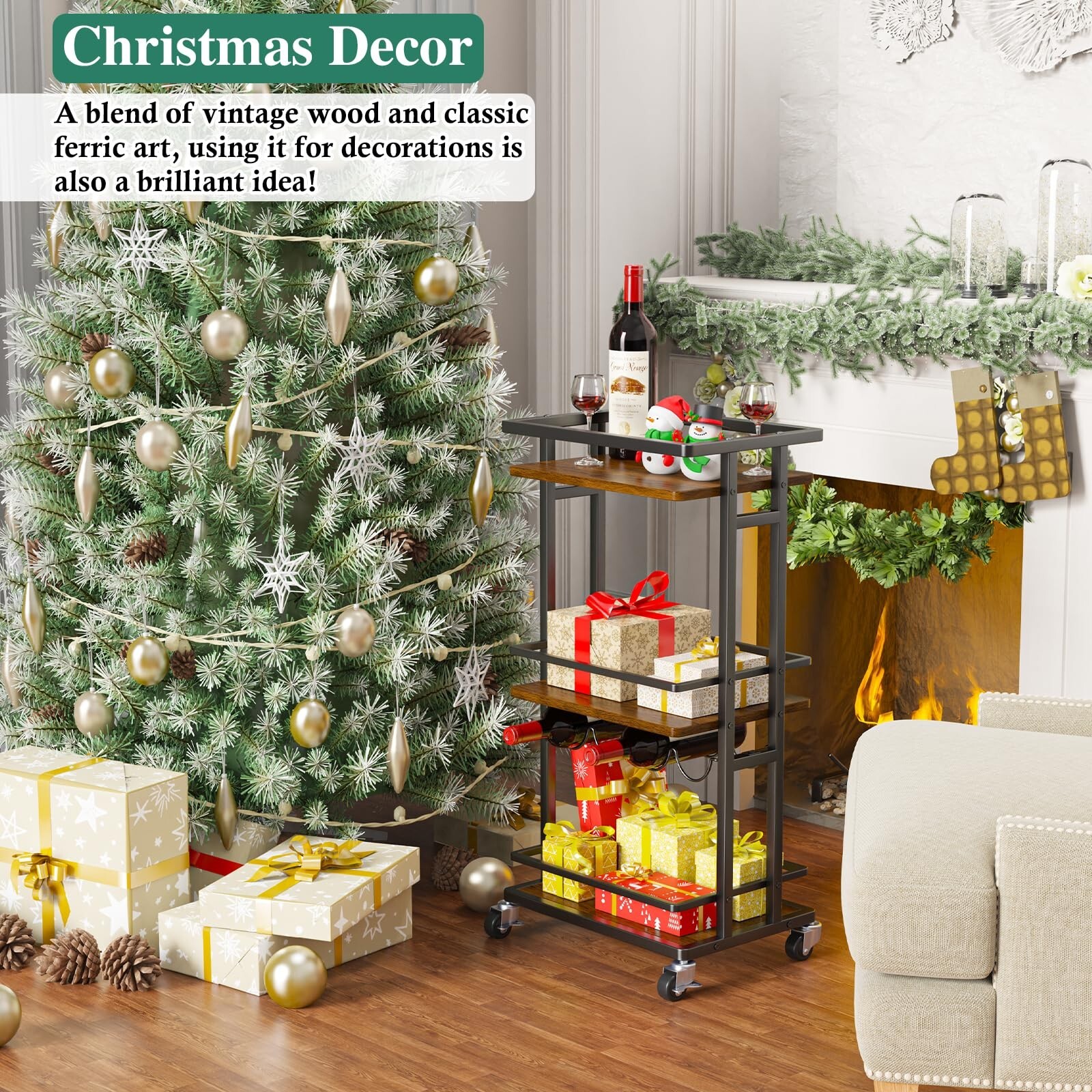 4-Tier Liquor Cabinet with Wine Rack, Mini Bar Cart for Home, Small Liquor Ba...