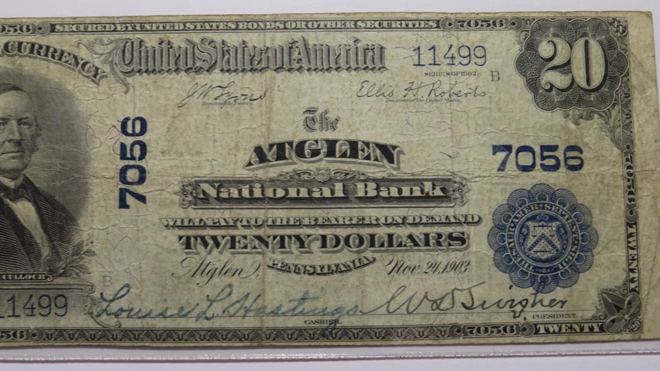 $20 1902 Atglen Pennsylvania PA National Currency Bank Note Bill #7056 F15 PCGS - Image 3 of 4