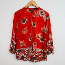 Citron Santa Monica Silk Blouse Womens Medium button front top asian floral