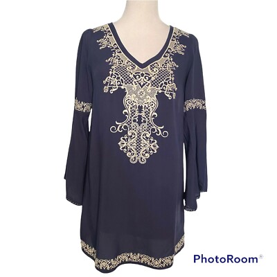 Flying Tomato Tunic Womens size Small Blue Embroidered Bell Sleeves V Neck Boho 